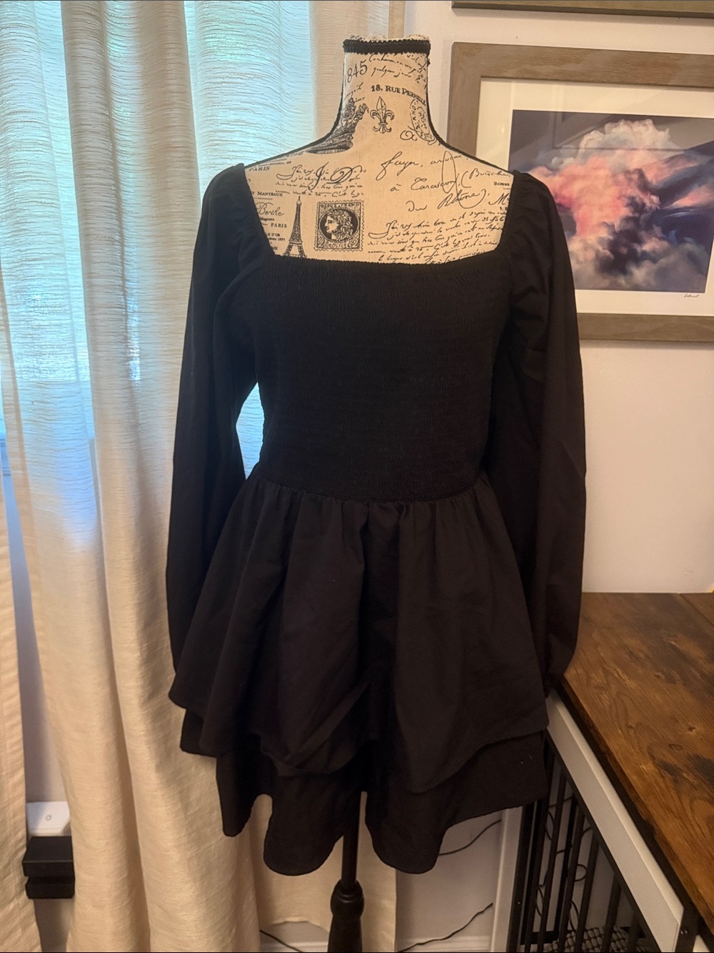 Black Square Neck Peplum Long Sleeve Skort Dress
